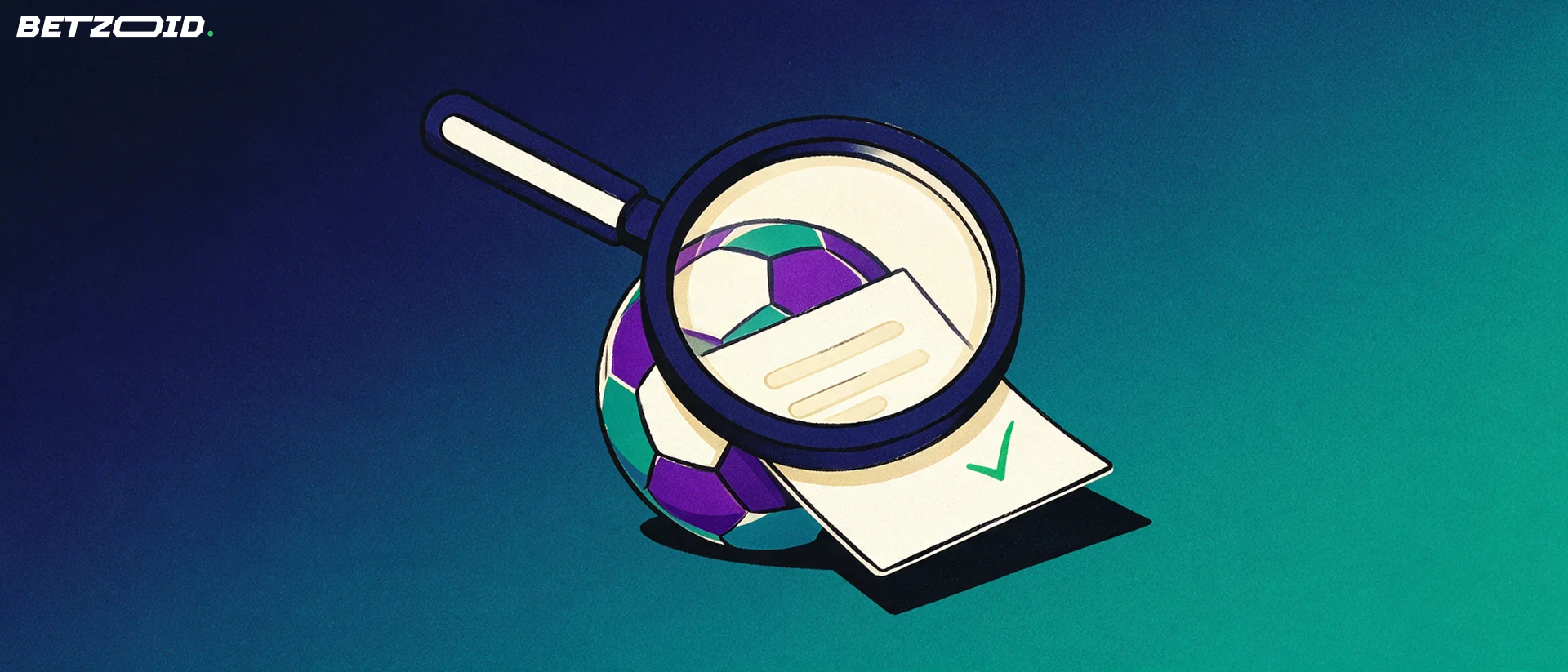 Ilustración de una lupa grande sobre un balón de fútbol y un boletín de apuestas en blanco con una marca de verificación.
