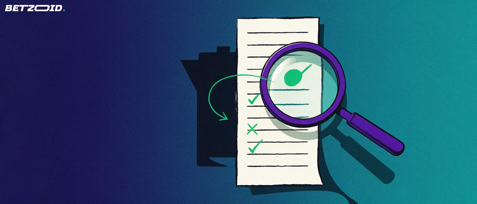 Ilustración de una lupa que examina un boletín de apuestas en papel con marcas de verificación y una lista de comprobación detrás.