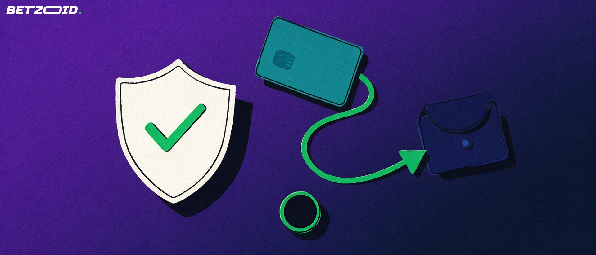Ilustración de un escudo con una marca de verificación junto a una tarjeta bancaria y una flecha que conecta con una cartera.