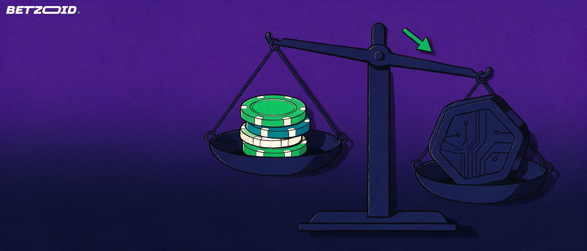 Ilustración de una balanza que compara una pila de fichas de casino con una ficha digital hexagonal.