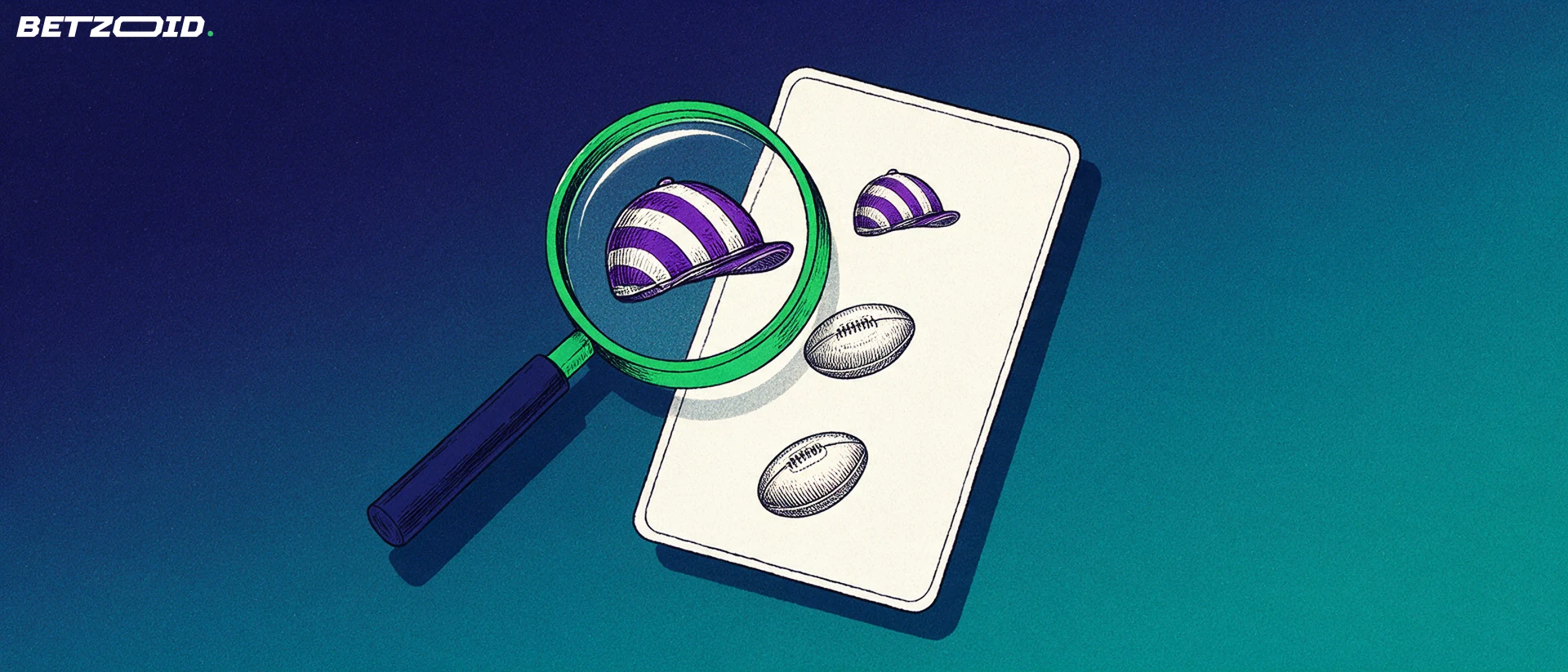 Illustration of a magnifying glass examining a bet slip marked with racing, Australian-rules football and rugby symbols
