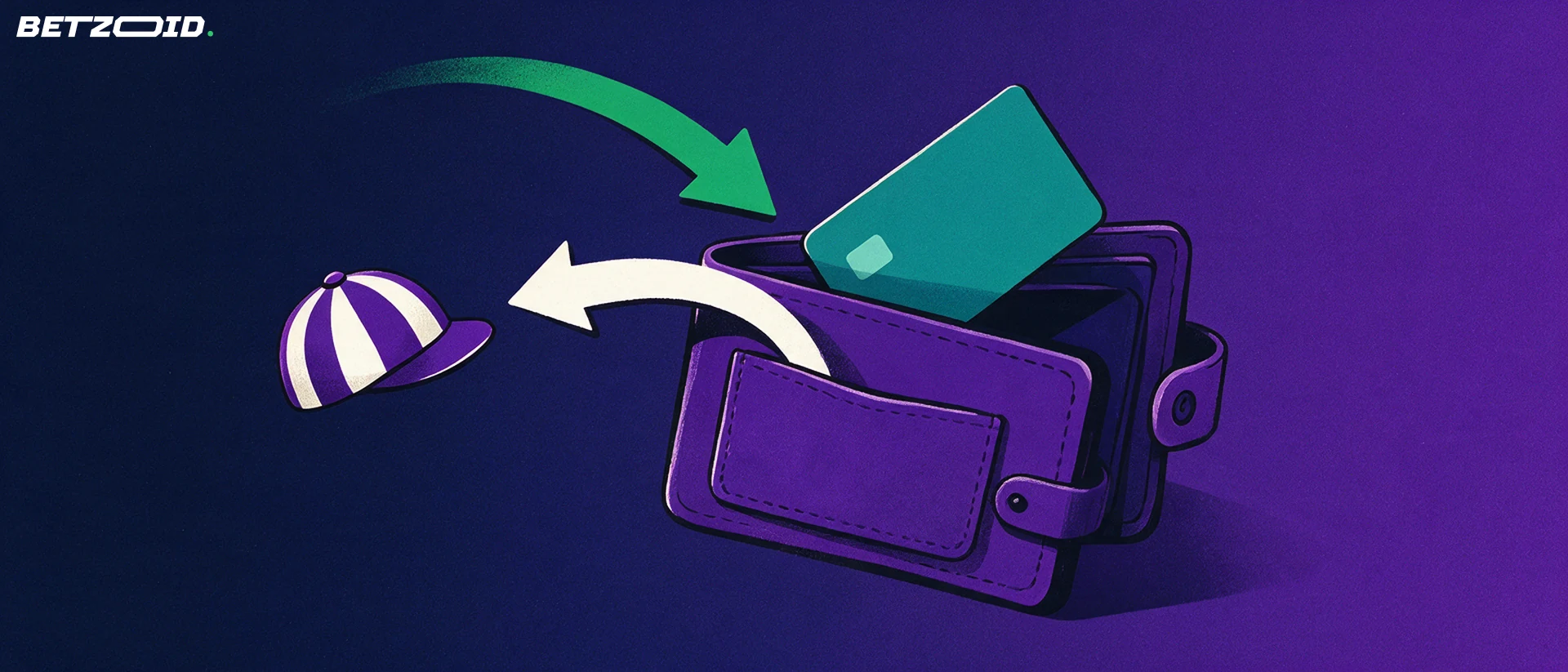 Illustration of an open wallet with a plain payment card and two arrows showing money moving in and out beside a jockey's cap