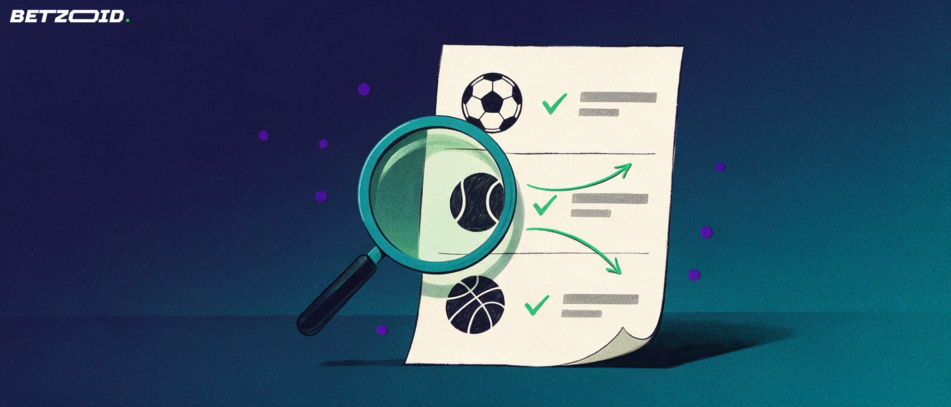 Ilustración de un boleto de apuestas con símbolos de fútbol, tenis y baloncesto examinado con una lupa sobre fondo azul marino y turquesa.
