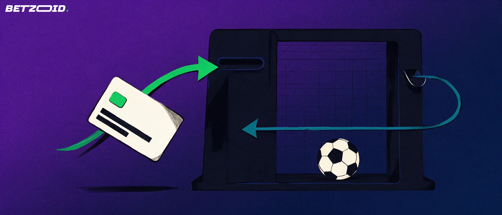Ilustración de una tarjeta bancaria entrando en una consola con forma de arco de fútbol, con flechas que indican depósito y retiro.