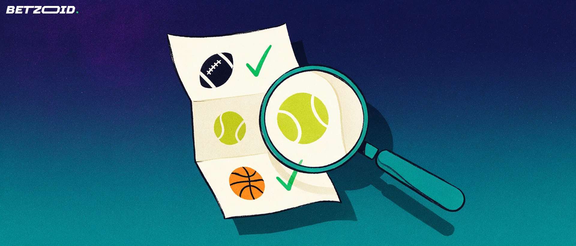 Ilustración de una gran lupa que examina un boletín de apuestas deportivas con iconos de fútbol, tenis y baloncesto y marcas de verificación.