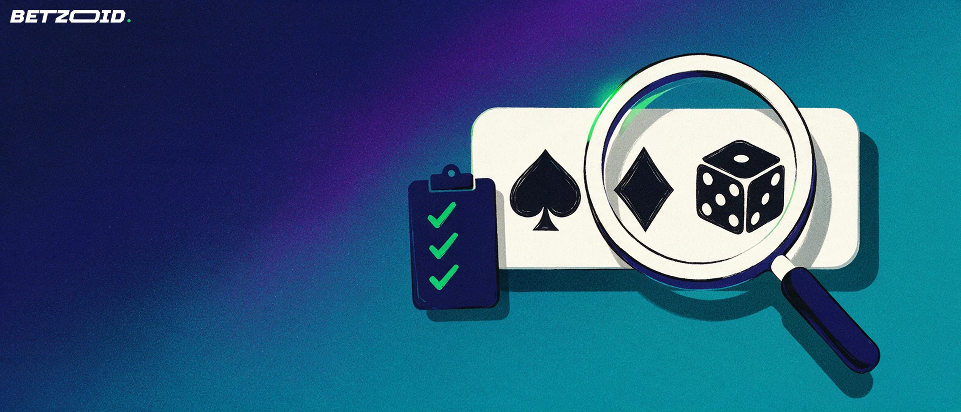 Ilustración de una lupa inclinada sobre un panel con símbolos de naipes y un dado, junto a un portapapeles con marcas de verificación verdes.