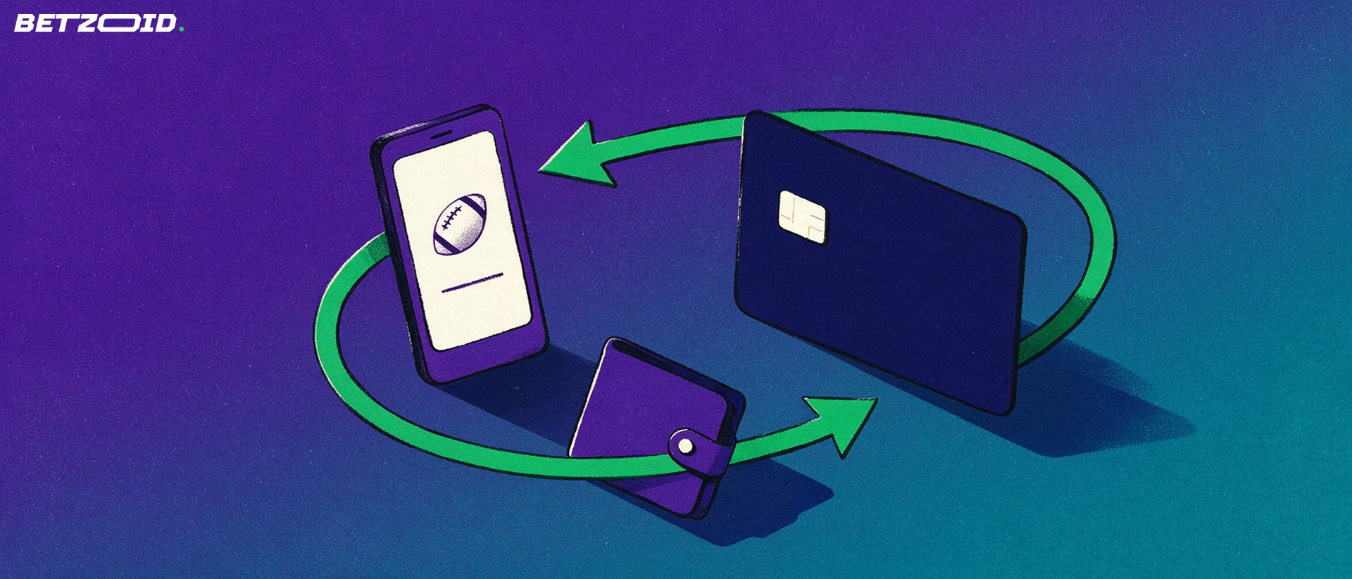 Ilustración de una tarjeta bancaria y un teléfono con un icono de balón unidos por una flecha circular verde que representa depósitos y retiros.