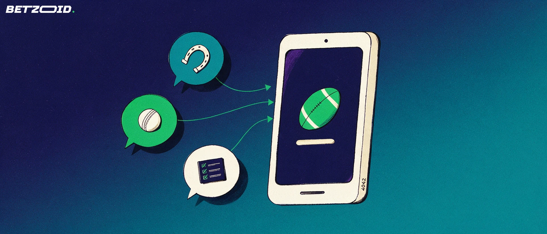 Illustration of an upright phone showing an oval football symbol, linked by thin lines to three speech bubbles containing a horseshoe, a cricket ball and a small betting slip.