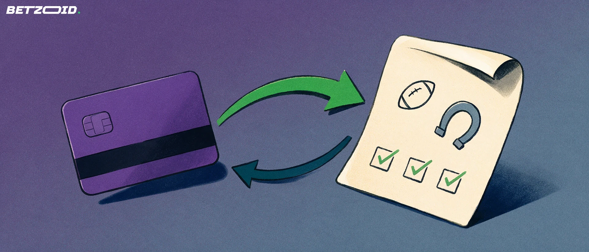 Illustration of an unbranded payment card and a betting slip marked with sport symbols and ticks, joined by two curved arrows forming a two-way loop.