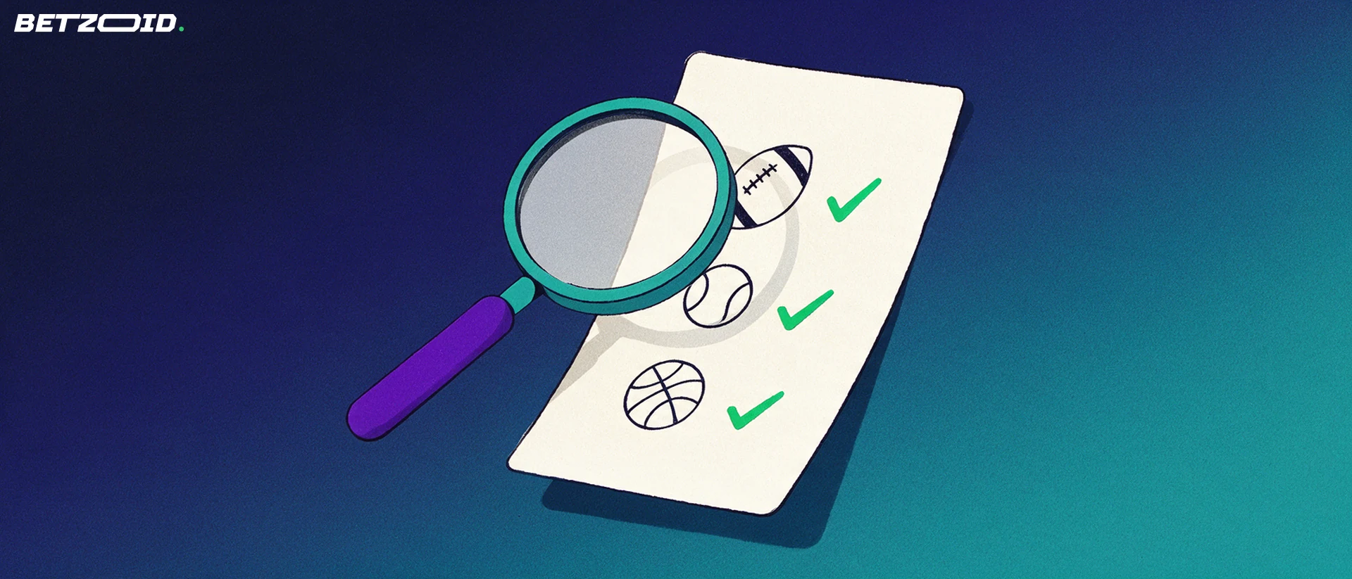 Ilustración de una lupa que examina un boletín de apuestas con símbolos de fútbol, tenis y básquet marcados con tildes verdes.