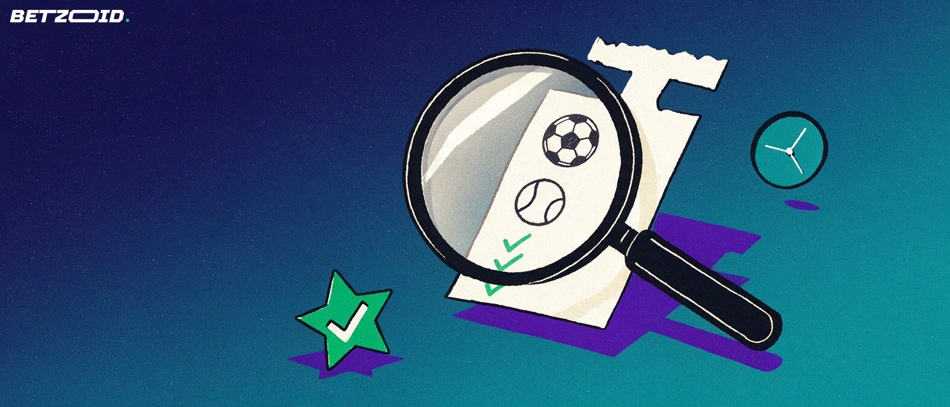 Ilustración de una lupa grande sobre un boleto de apuestas con pictogramas de fútbol y tenis y marcas de verificación.