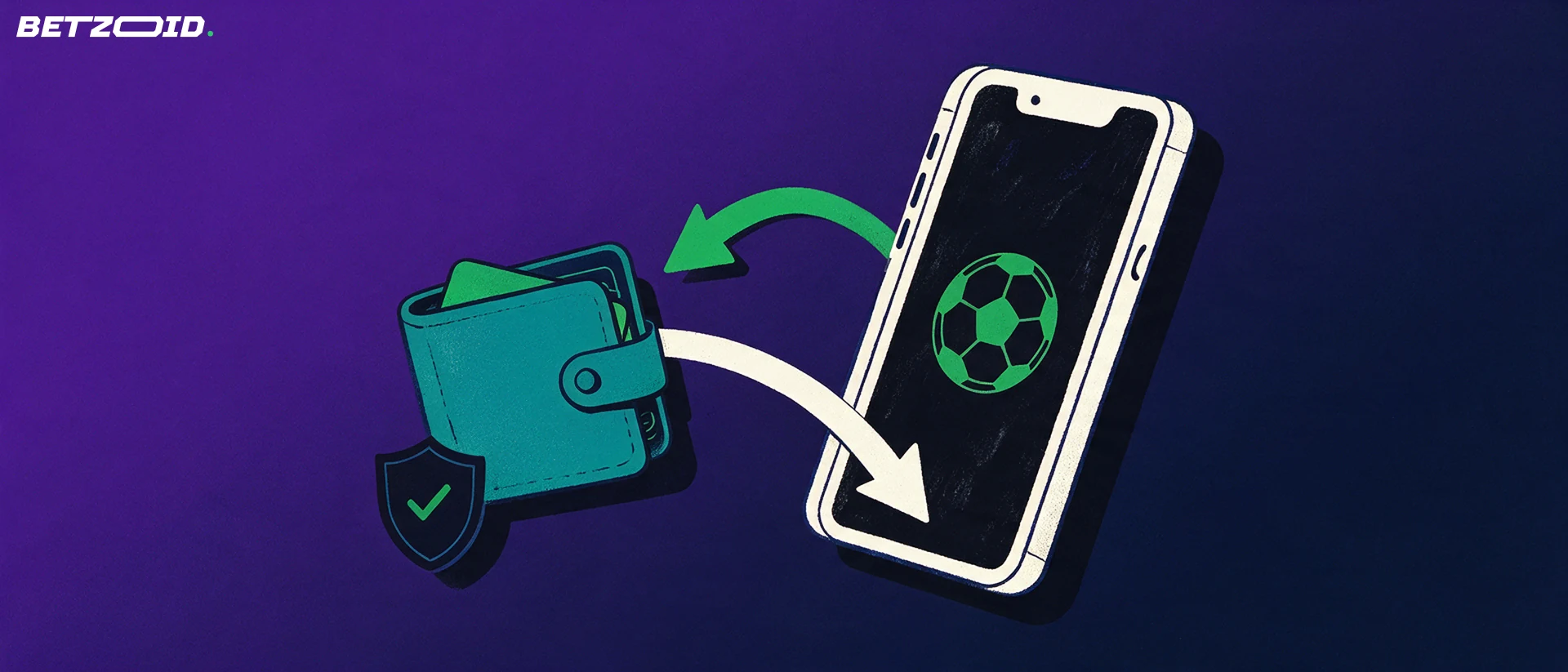 Ilustración de un teléfono con un ícono de fútbol conectado por flechas de entrada y salida a una billetera y un escudo con visto.