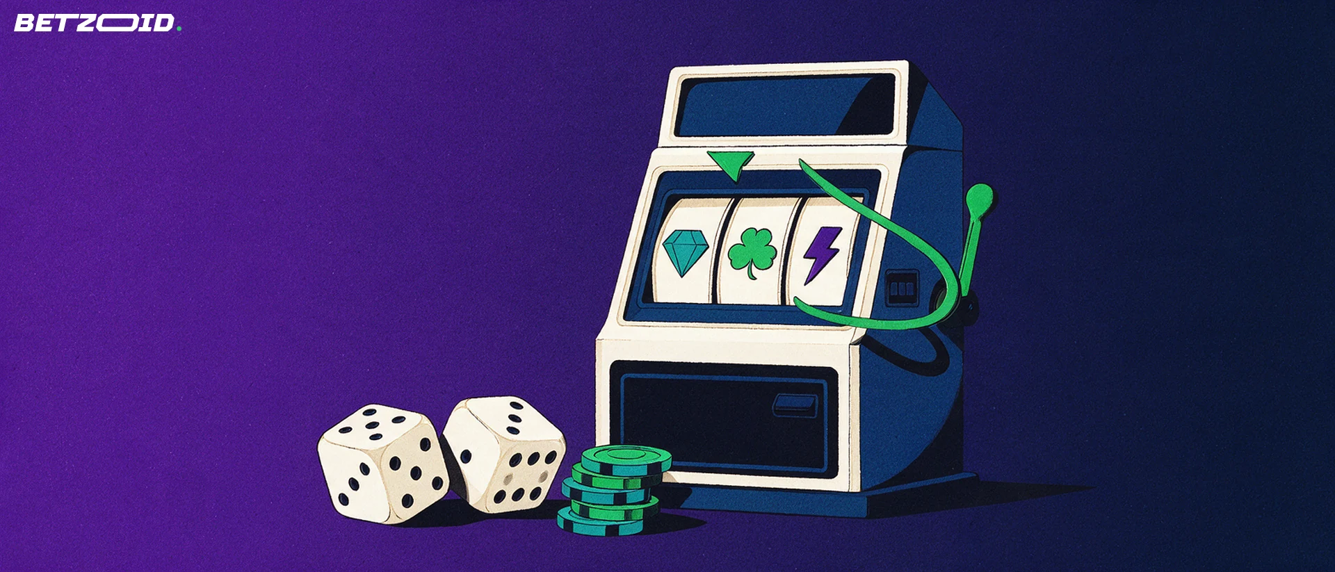 Ilustración de una máquina tragamonedas con símbolos geométricos, dados y fichas de casino sobre un fondo violeta azulado.