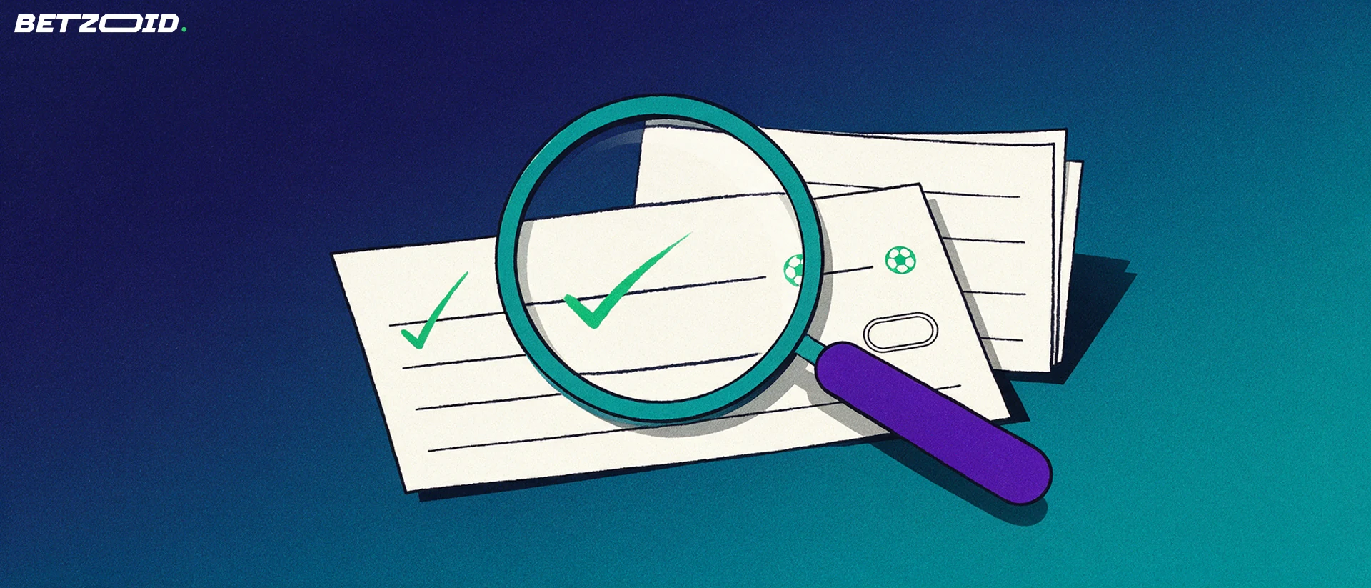 Ilustración de una lupa grande sobre un boleto de apuestas de papel con marcas de verificación y un pequeño balón de fútbol