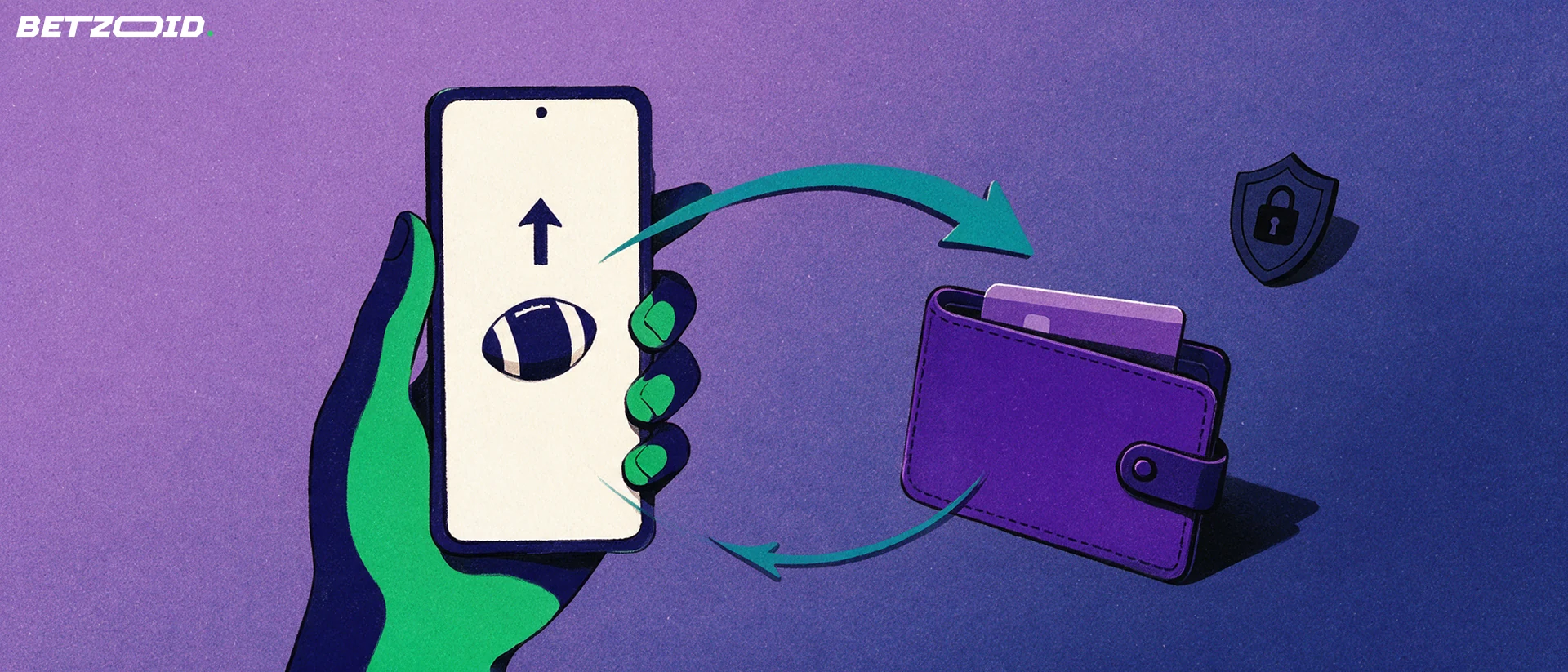 Ilustración de una mano con un teléfono que muestra un balón de fútbol, con flechas que conectan el teléfono a una billetera con tarjeta y un candado