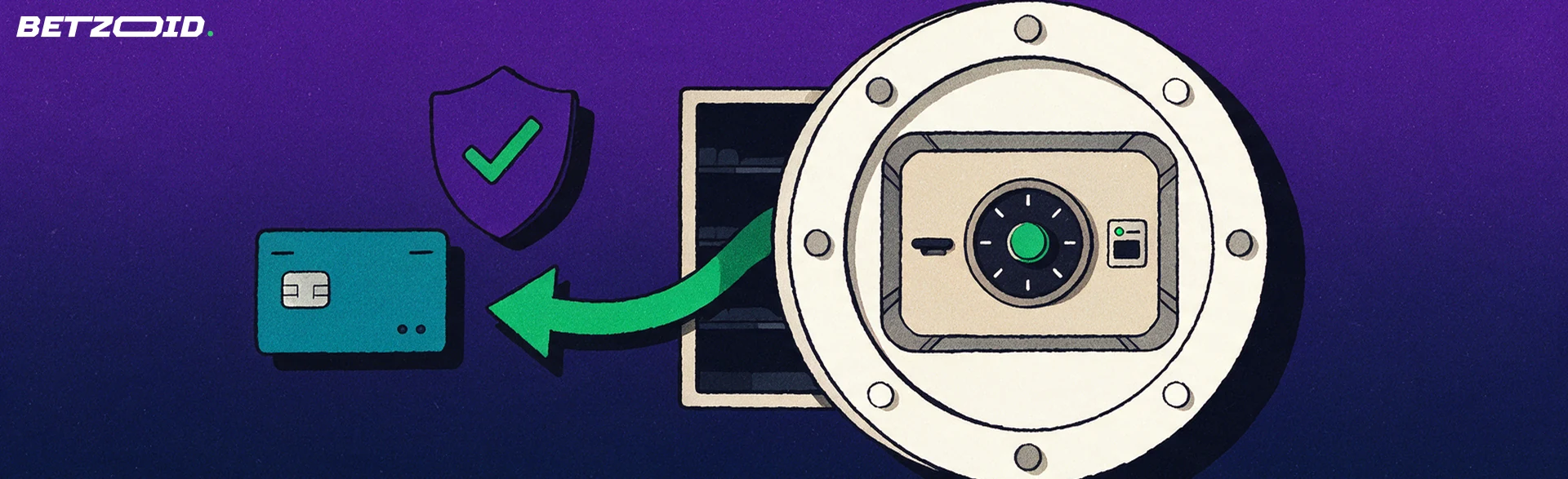 Ilustración de una puerta de caja fuerte con una flecha verde que sale hacia una tarjeta de pago y un escudo con una marca de verificación.
