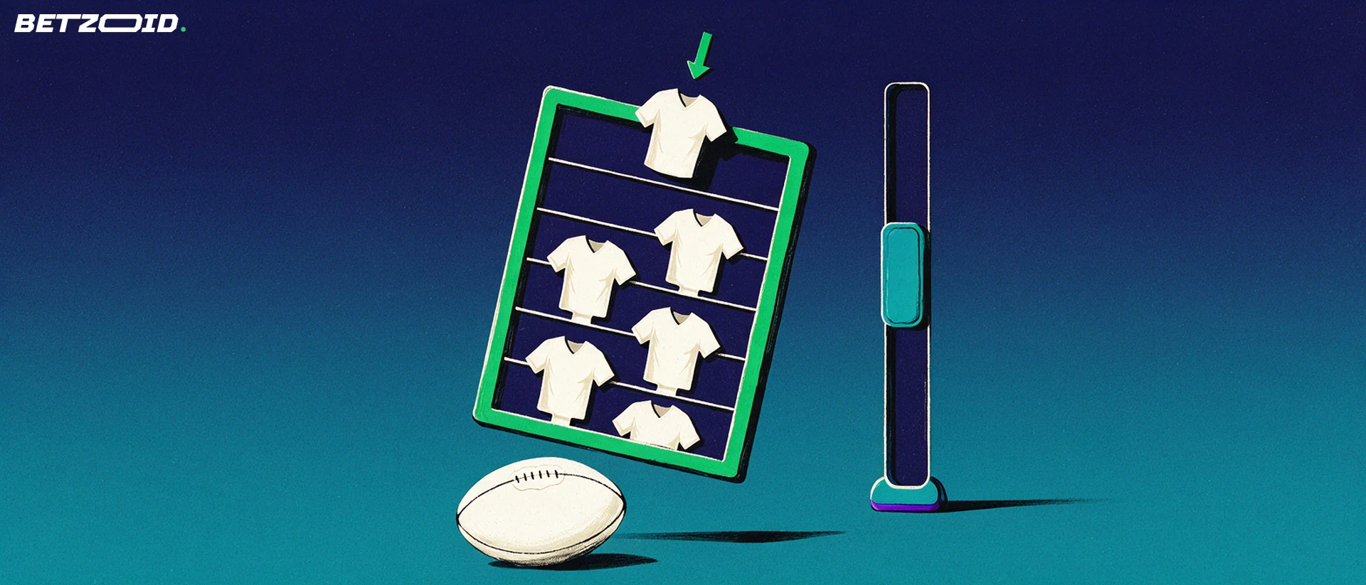Illustration of blank jersey-shaped player cards being slotted into a rack beside a budget slider and an oval football, representing fantasy sports lineup building.