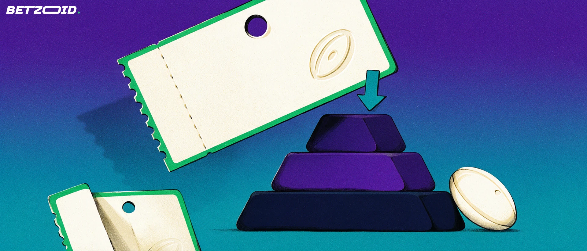 Illustration of an oversized entry ticket with a rugby ball symbol sliding into a stepped pyramid of contest tiers beside a rugby football.