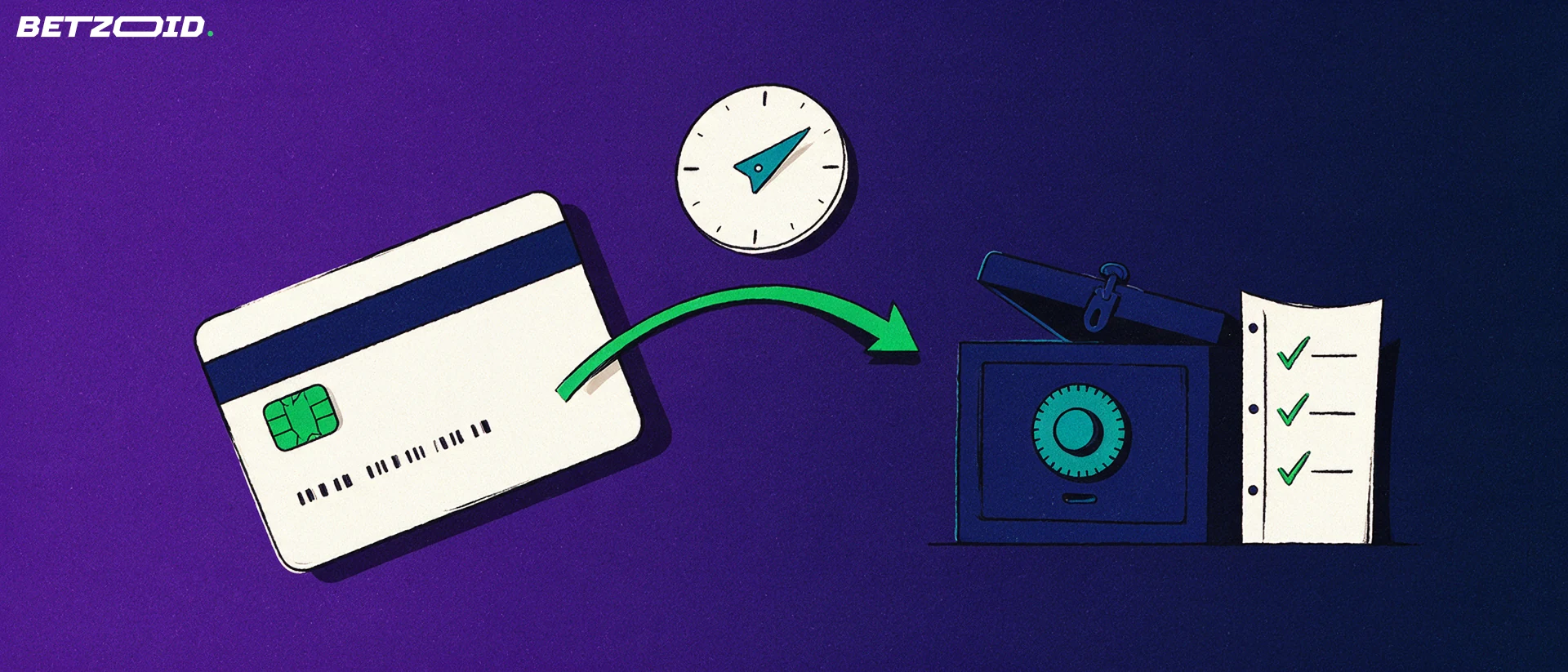 Ilustración de una tarjeta bancaria con una flecha hacia una caja fuerte, junto a un reloj y una lista con tildes
