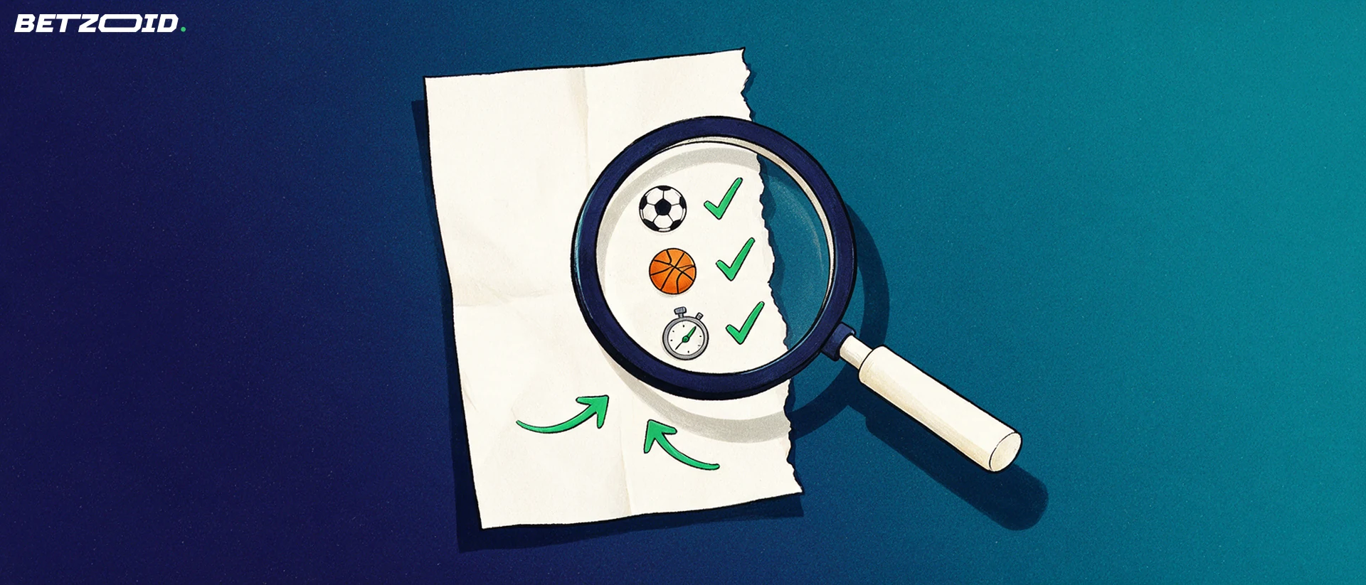 Ilustración de una gran lupa que examina un boletín de apuestas con iconos de fútbol, básquet y cronómetro marcados con tildes verdes.
