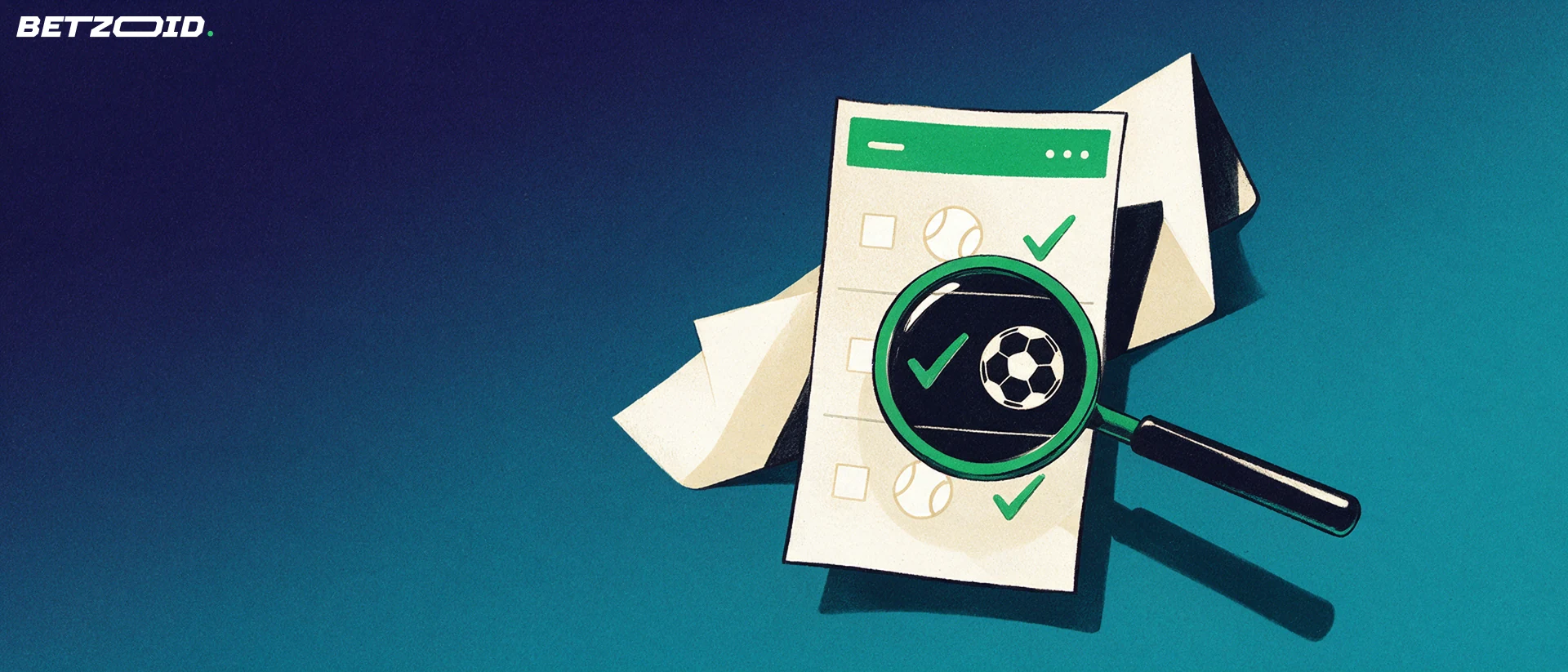 Ilustración de una lupa grande inclinada sobre un boleto de apuestas sin marca con iconos de fútbol y tenis y algunas casillas marcadas.