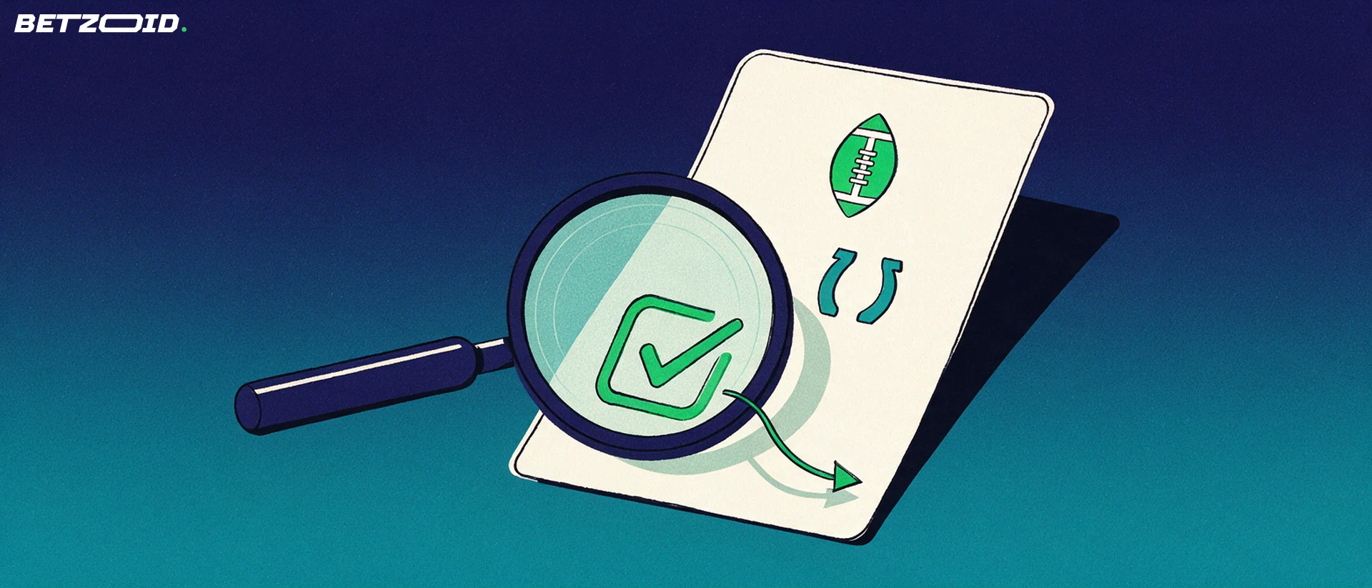 Illustration of a magnifying glass examining a betting slip marked with a football, a horseshoe and a tick symbol.