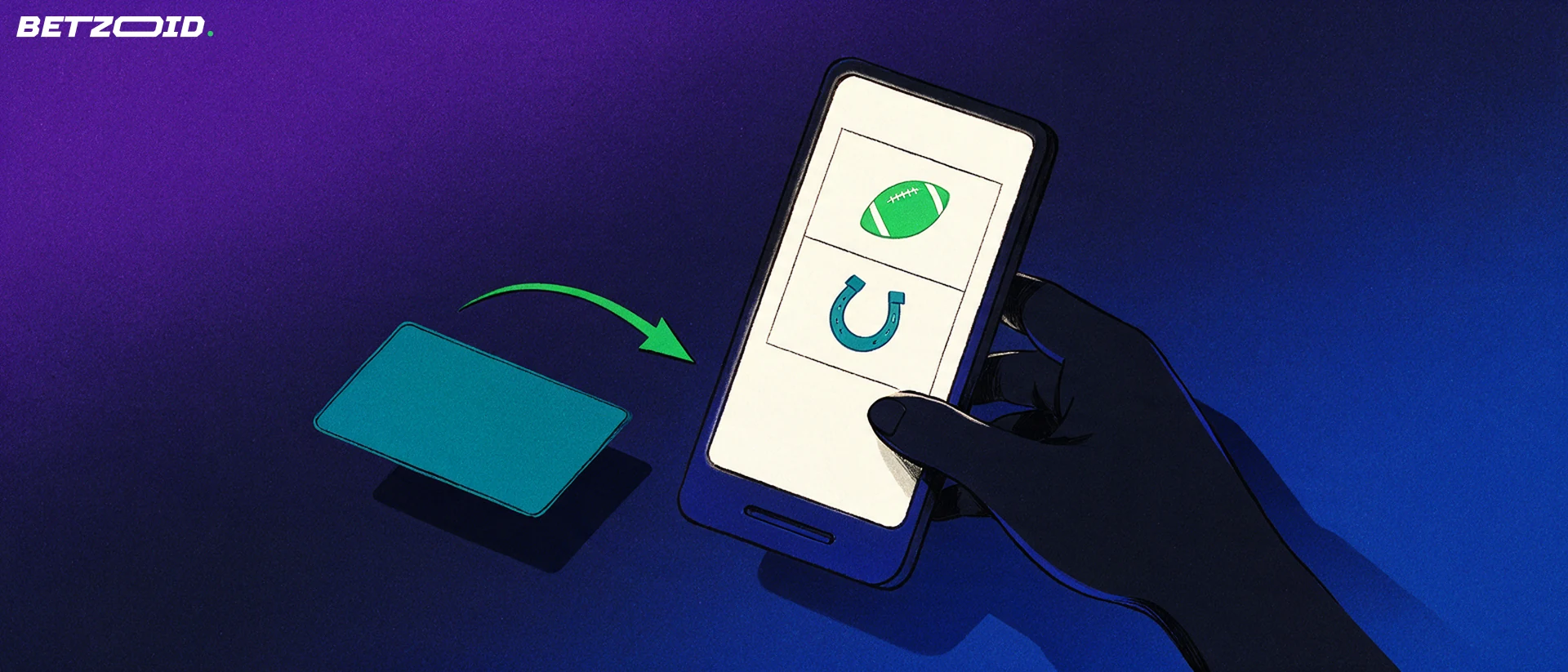Illustration of a hand holding a smartphone showing football and horseshoe symbols while a plain bank card and green arrow move toward it.