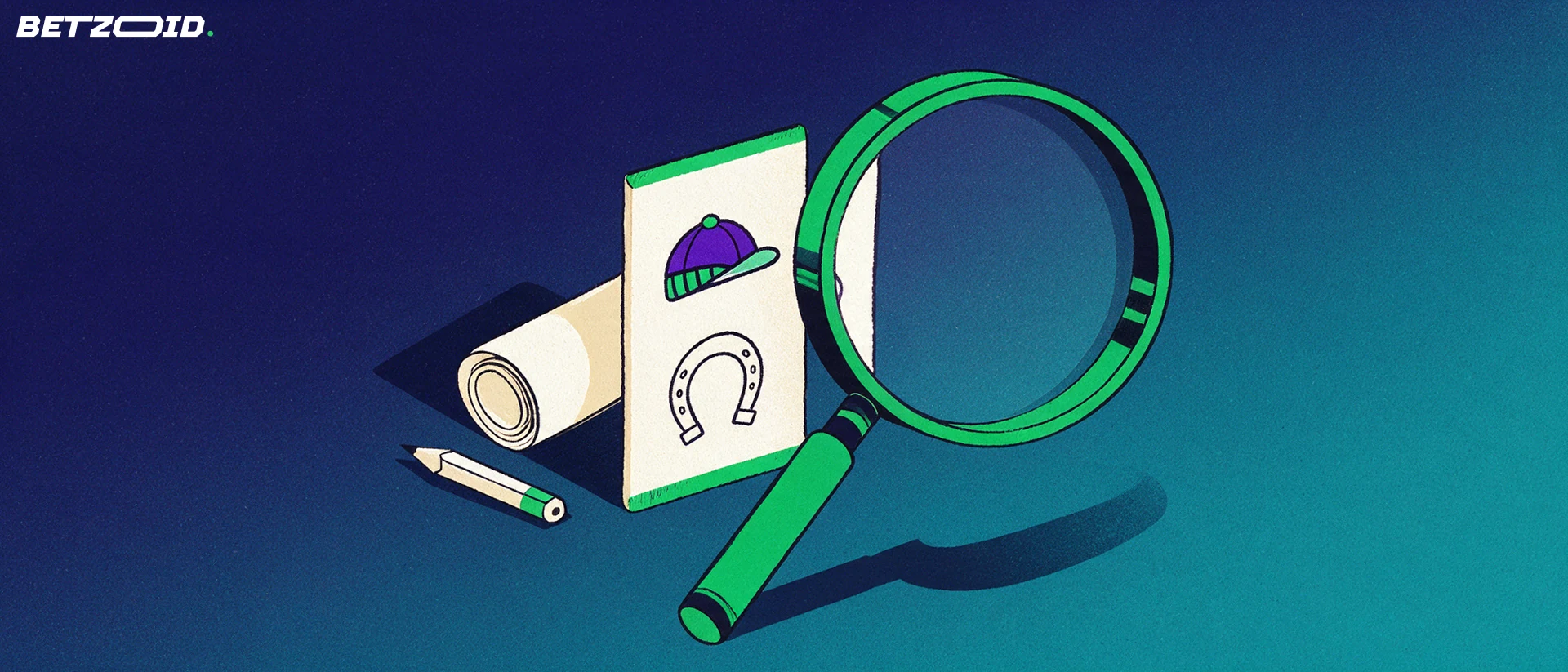 Illustration of a magnifying glass inspecting a betting ticket marked with a jockey helmet and horseshoe symbol