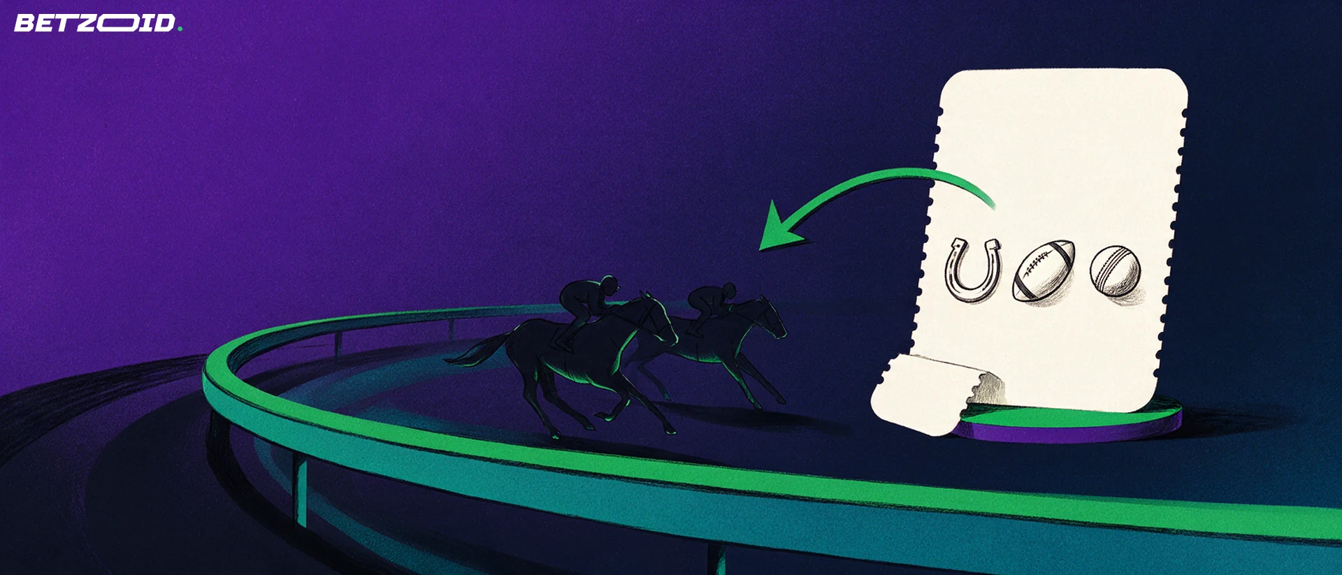 Illustration of two horse and jockey silhouettes racing past a curved rail beside a large wagering ticket showing horseshoe, football and cricket ball symbols
