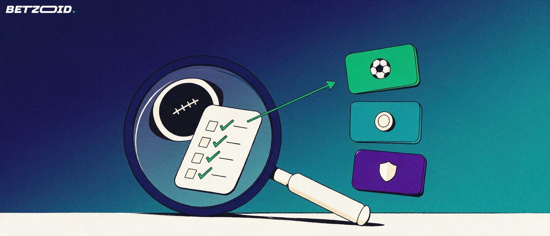 Ilustración de una lupa que examina una boleta de apuestas con un balón y tarjetas de evaluación