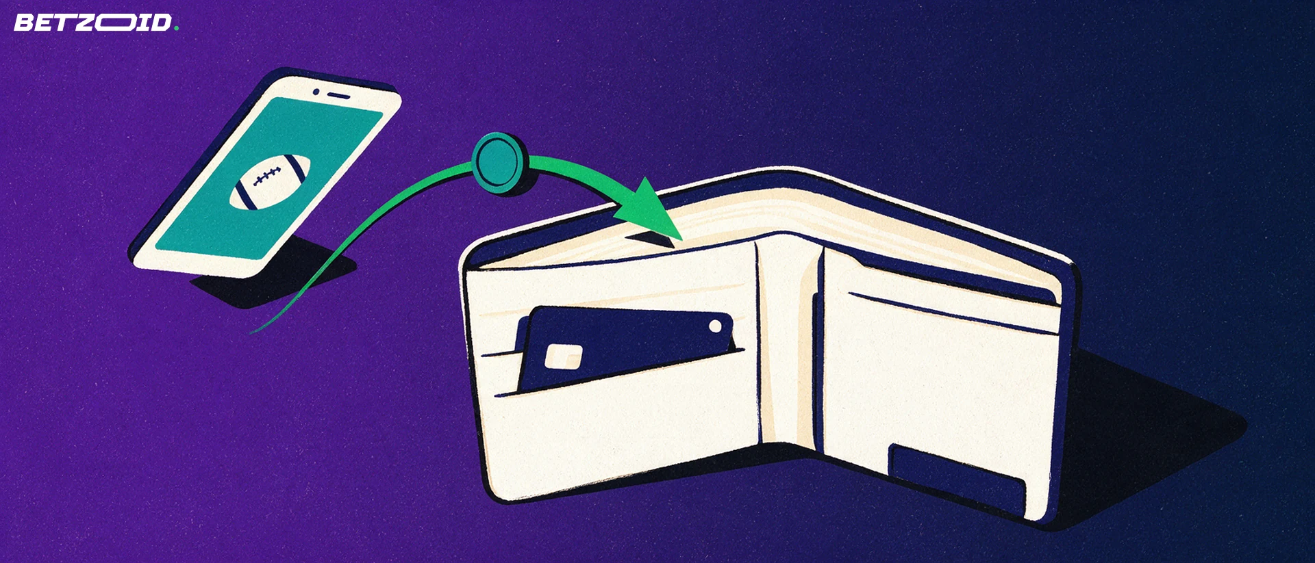 Ilustración de una billetera abierta que recibe una ficha por una flecha verde curva que sale de un dispositivo con símbolo de fútbol.