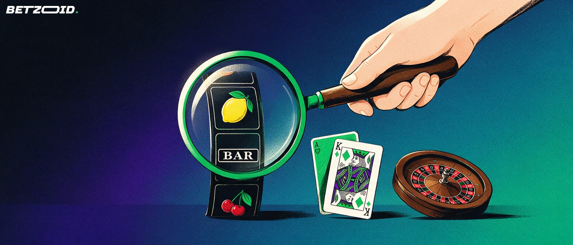 Ilustración de una lupa sostenida sobre un rodillo de tragamonedas, cartas y una rueda de ruleta, con los símbolos ampliados dentro del lente.