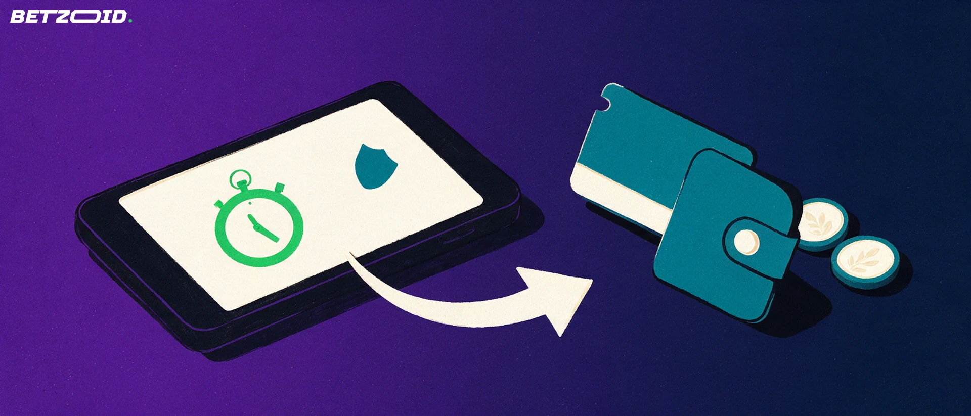 Ilustración de un teléfono móvil con un cronómetro en pantalla y una flecha que conduce a una tarjeta bancaria y una billetera, representando pagos desde el celular.