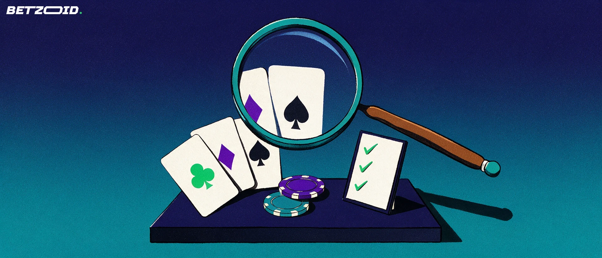 Ilustración de una lupa que examina cartas y fichas de casino junto a una lista con tres marcas de verificación.