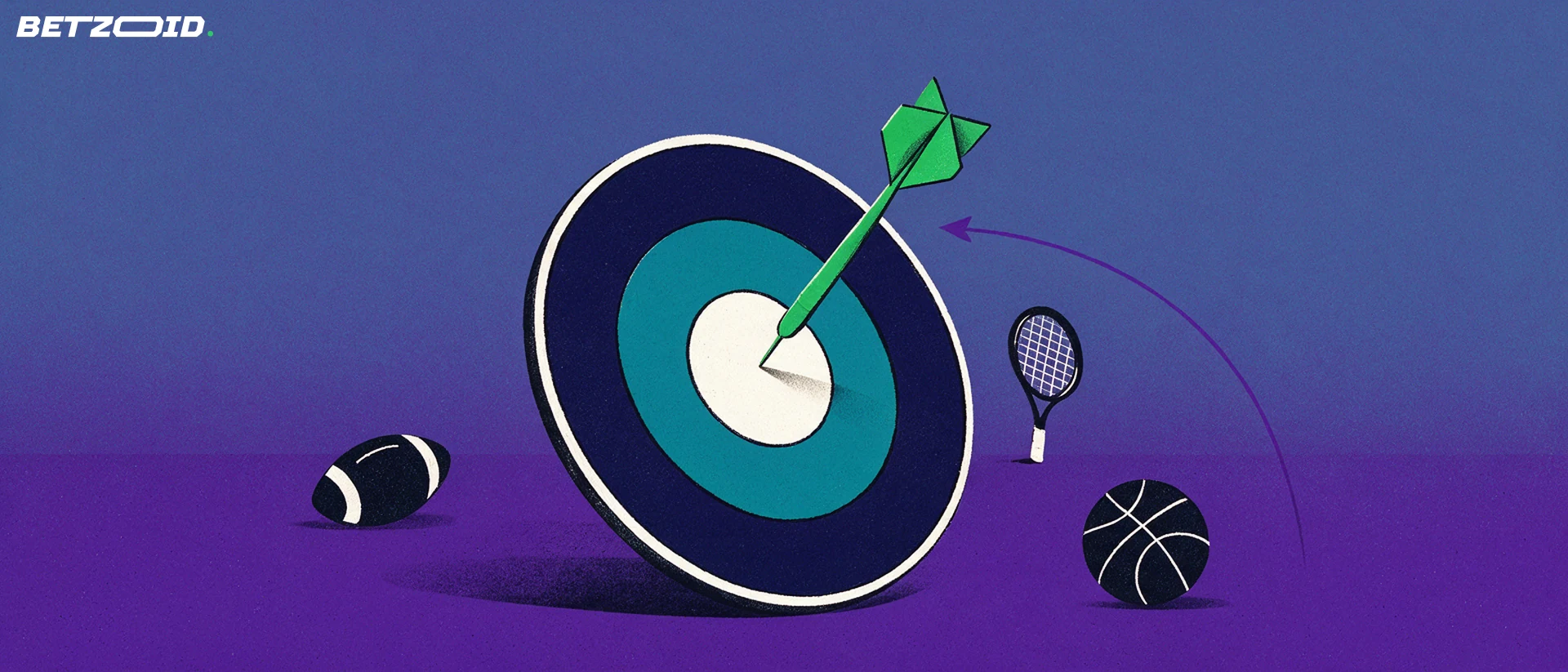 Ilustración de un dardo verde clavado en el centro de una diana rodeada de símbolos de fútbol, tenis y básquet.