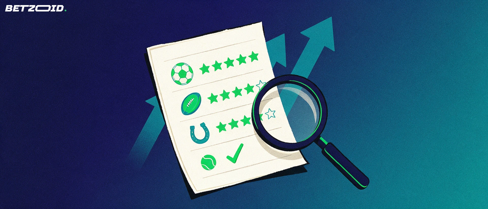Illustration of a betting slip with simple sport symbols examined by a large magnifying glass over a green tick