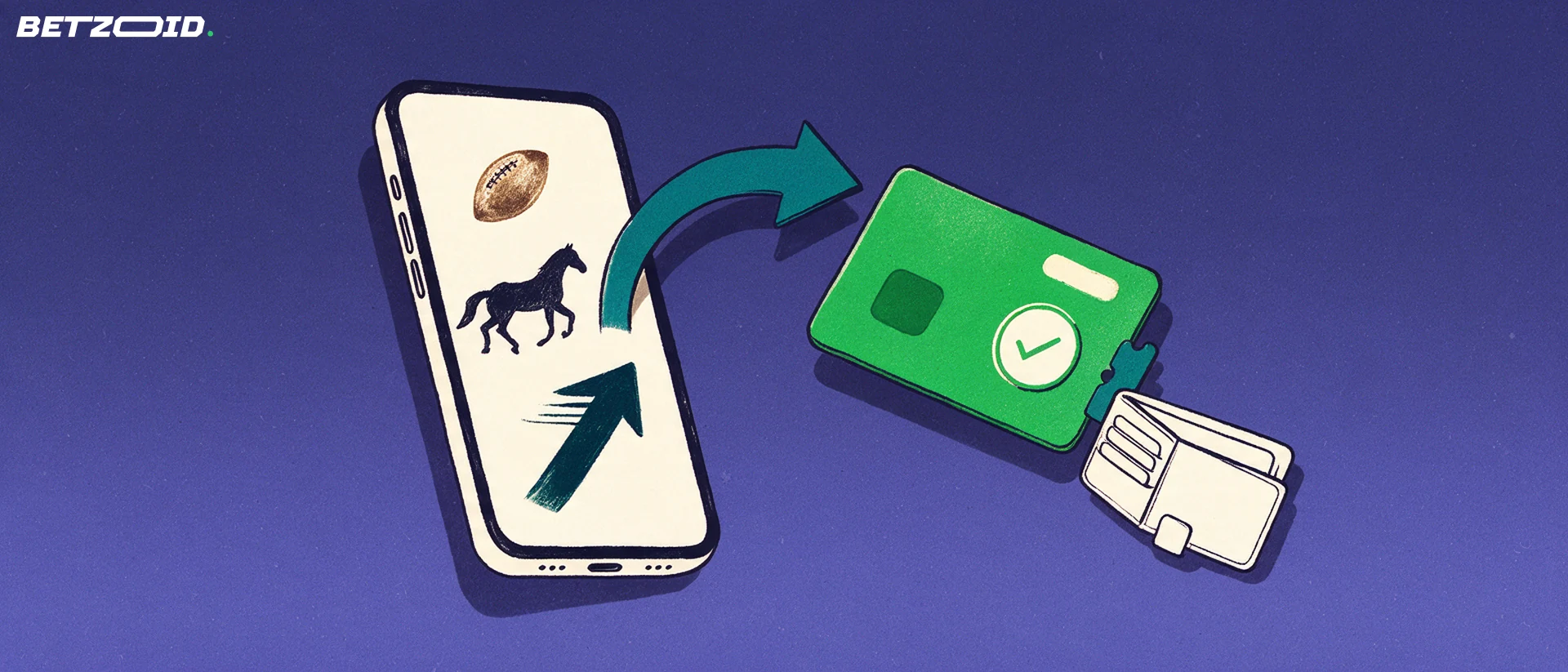 Illustration of a smartphone with sport symbols linked by a curved arrow to a payment card and a wallet outline