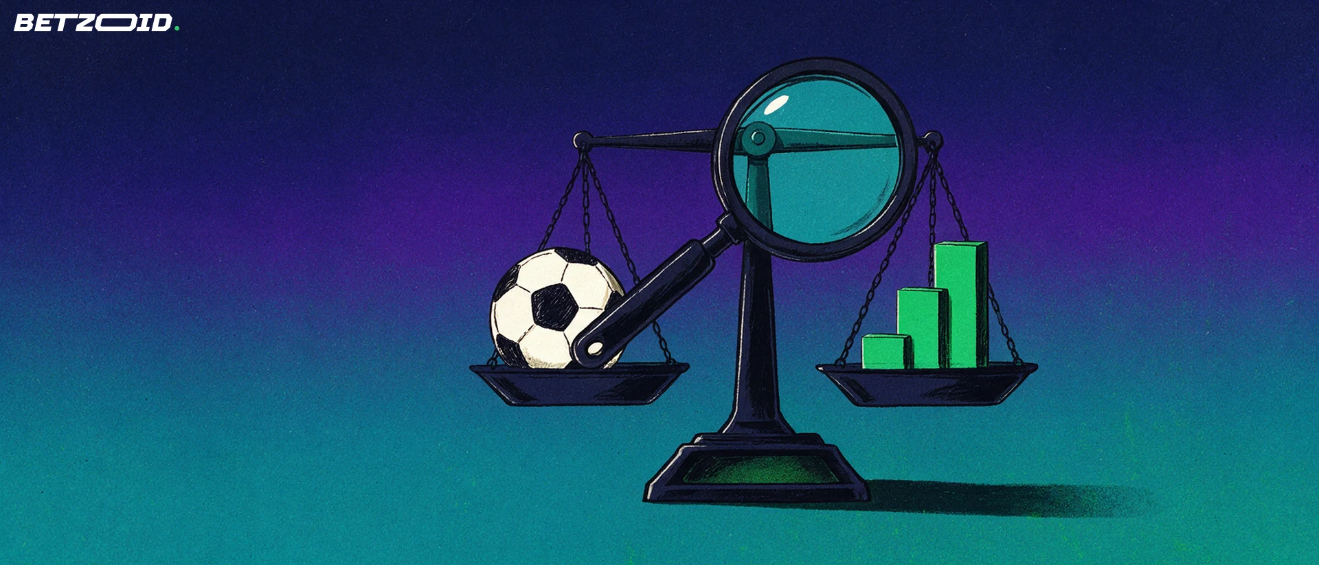Ilustración de una balanza que compara un balón de fútbol con barras ascendentes verdes, observadas a través de una lupa.