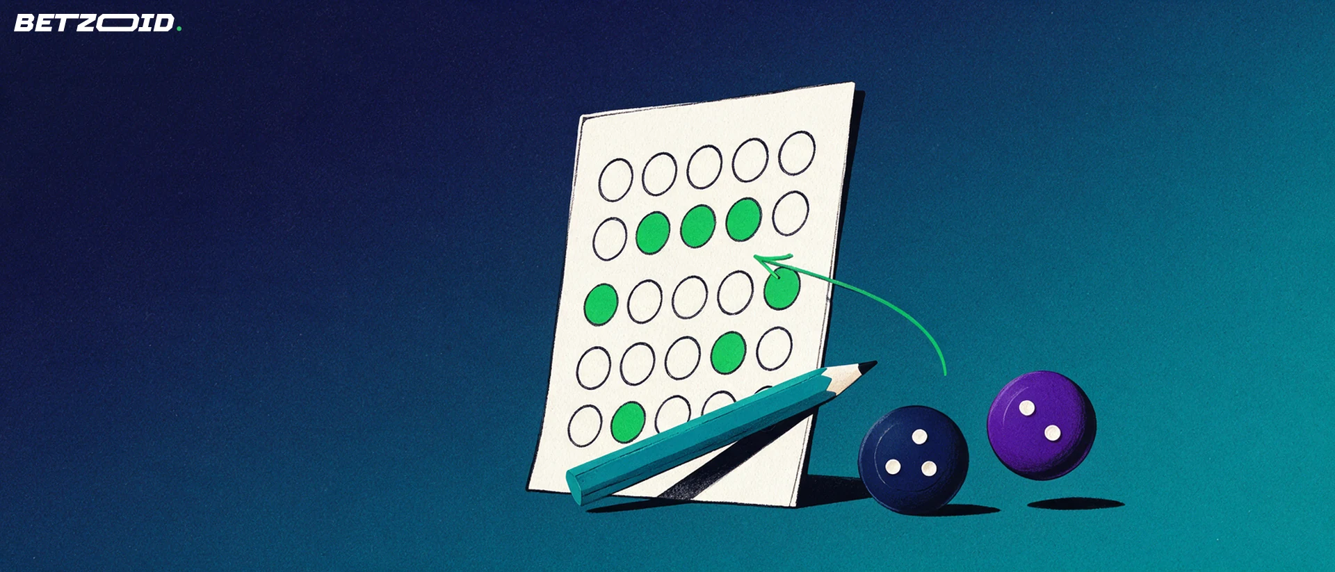 Illustration of a large lottery entry coupon with green marked circles, a pencil and two dotted draw balls beside it.