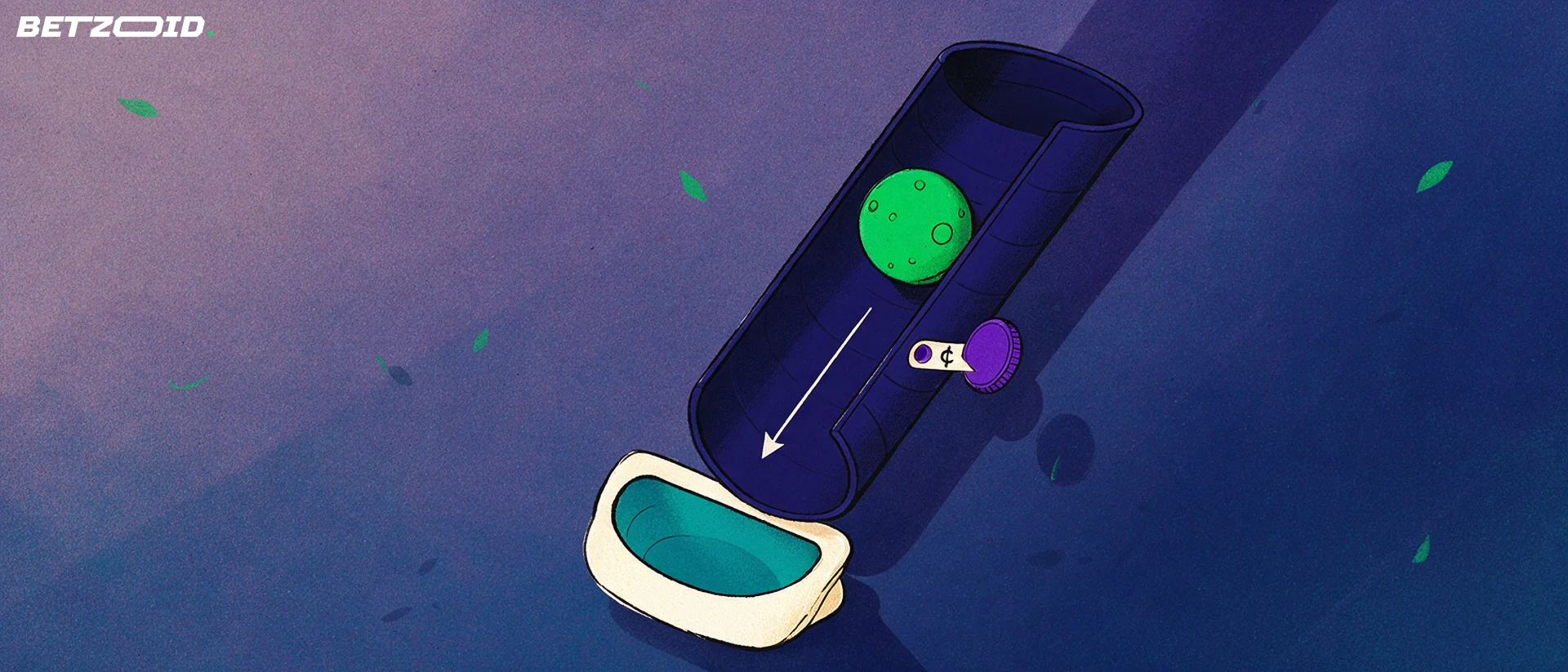 Illustration of a draw ball rolling down a chute into an open payout tray while a coin enters a side slot.