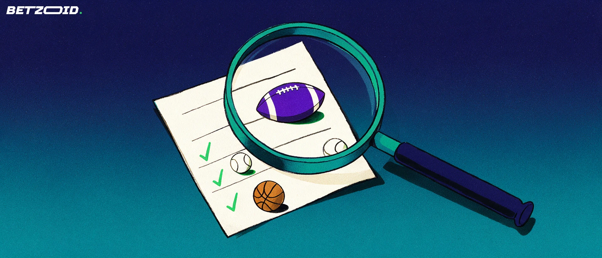 Ilustración de una lupa que amplía un boletín de apuestas deportivas con marcas de verificación junto a una pelota de fútbol, una de tenis y una de básquet.