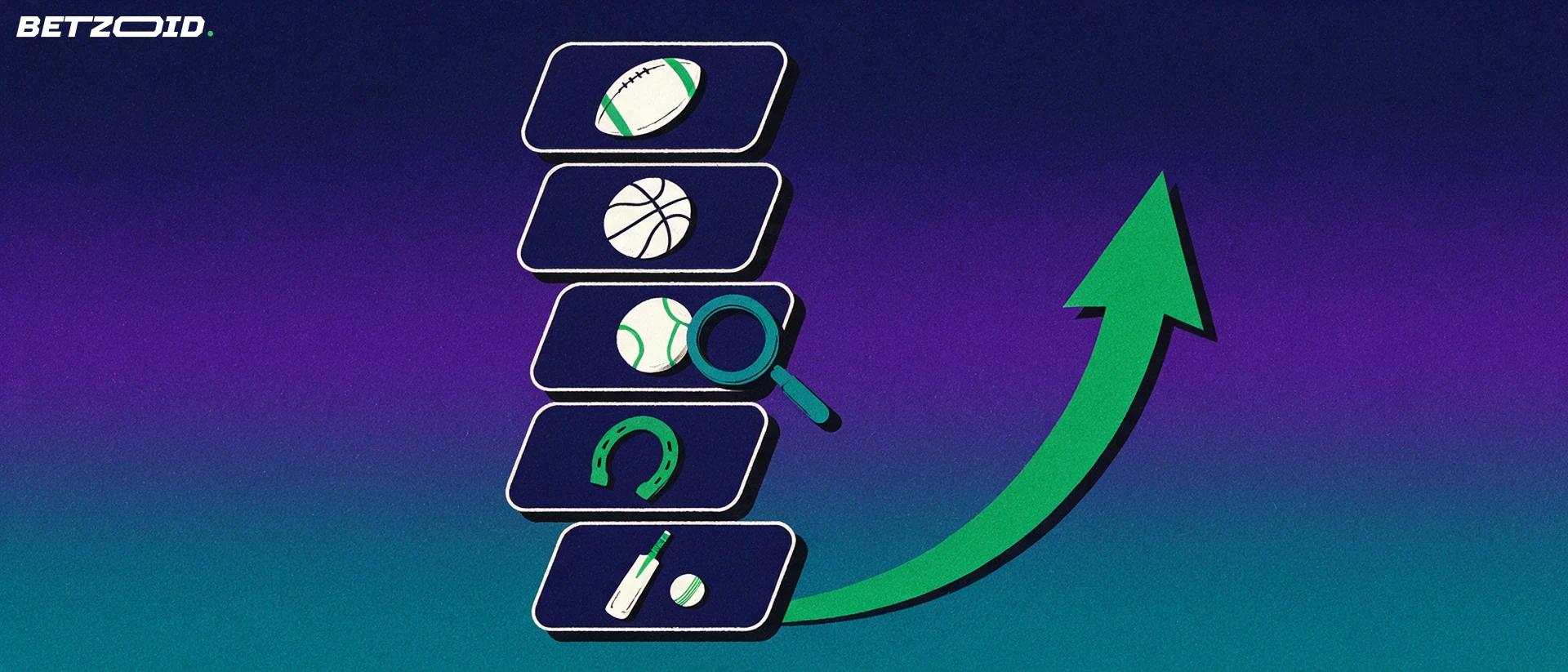 Illustration of a stack of betting market cards showing different sport symbols beside a rising green arrow and a magnifying glass.