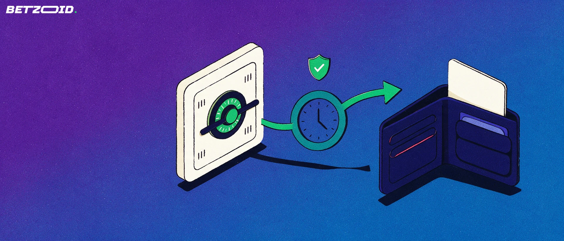Illustration of a vault door, a curved arrow through a clock checkpoint and an open wallet, representing betting account withdrawals.