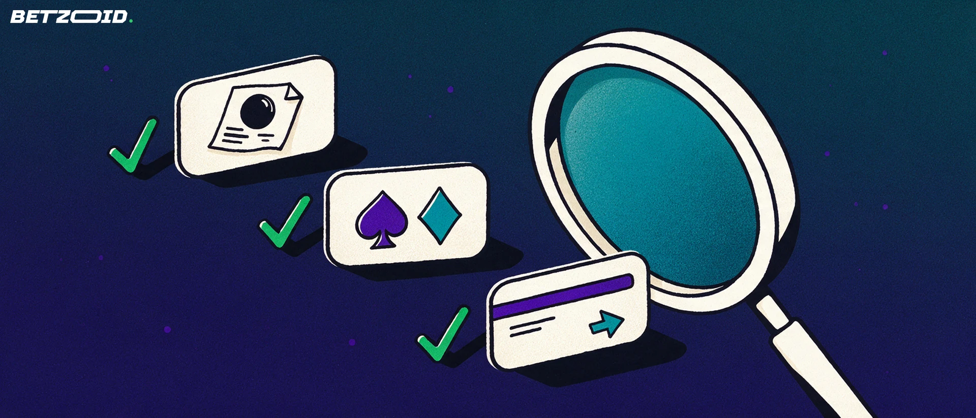 Ilustración de una lupa grande que examina tres placas con símbolos de apuesta deportiva, cartas de casino y tarjeta de pago, cada una con una marca de verificación verde.