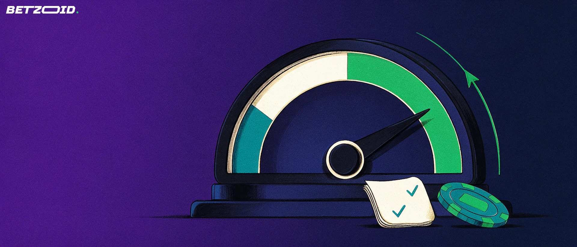 Ilustración de un dial de valoración con aguja inclinada hacia la zona verde, acompañado de un boleto de apuestas doblado y una ficha de casino.