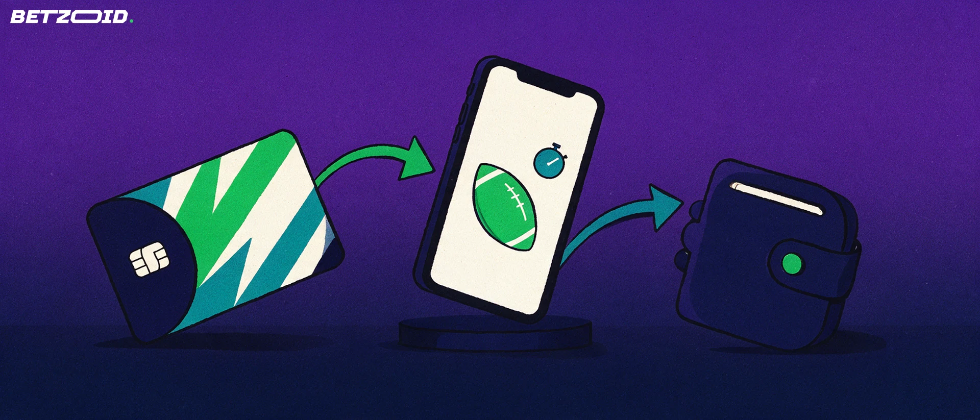 Ilustración de un teléfono móvil con iconos deportivos en pantalla, una tarjeta bancaria y flechas que indican depósito y retiro hacia una cartera.