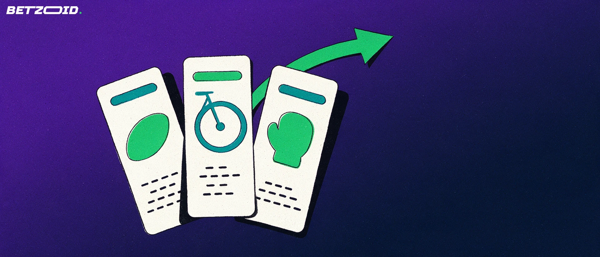 Ilustración de tres boletos de apuestas desplegados en abanico con símbolos de fútbol, ciclismo y boxeo, y una flecha verde ascendente.