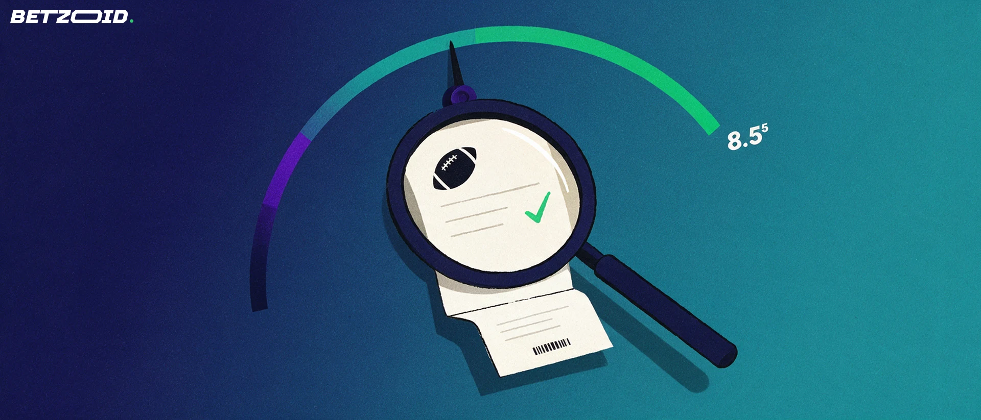 Ilustración de una lupa que amplía un boletín de apuestas con un balón y una marca de verificación, junto a un medidor de valoración.