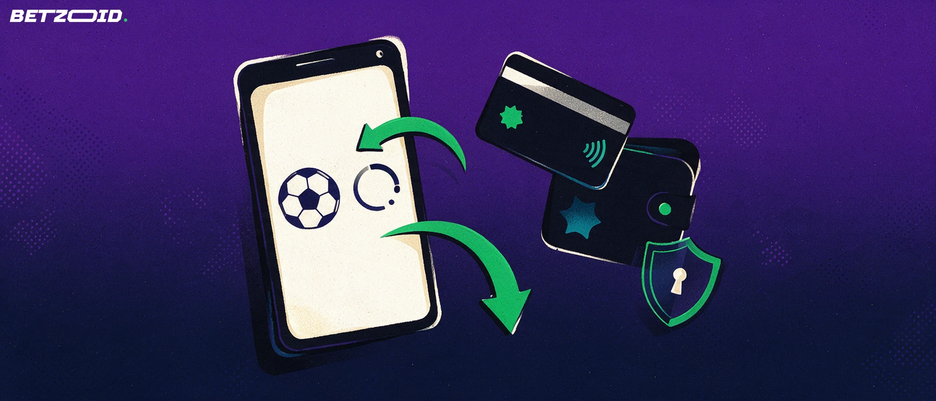 Ilustración de un teléfono con un balón en la pantalla, una tarjeta y una billetera unidas por flechas de ingreso y retiro, con un escudo de seguridad.