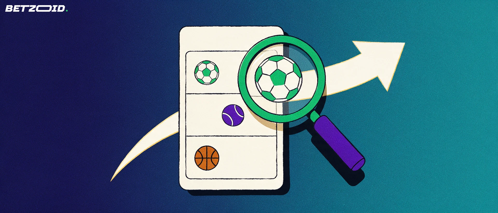 Ilustración de un boleto de apuestas con iconos de fútbol, tenis y baloncesto examinado por una lupa sobre fondo azul marino.